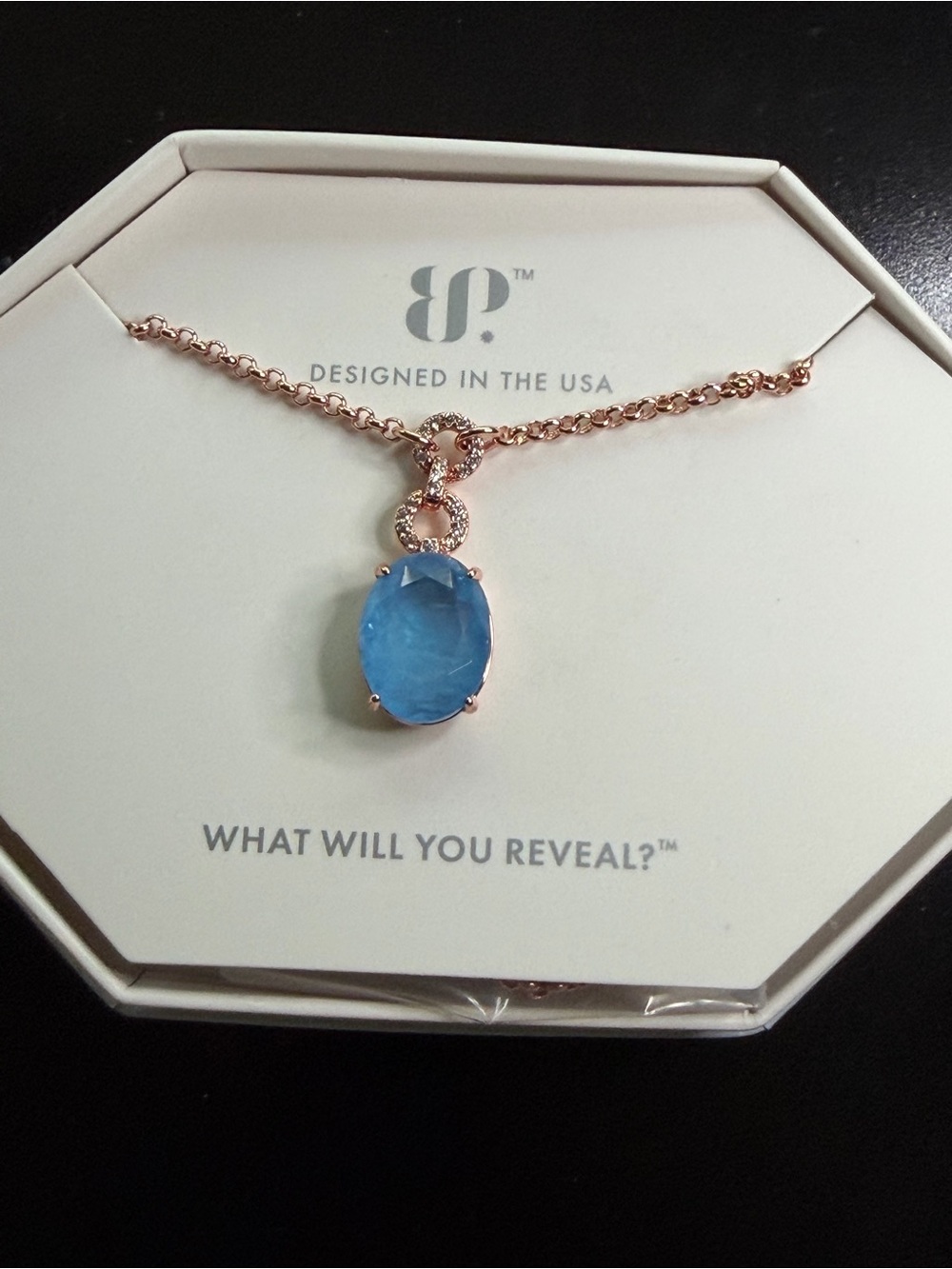 Blue Oval Stone Pendant Necklace in Rose Gold Tone
